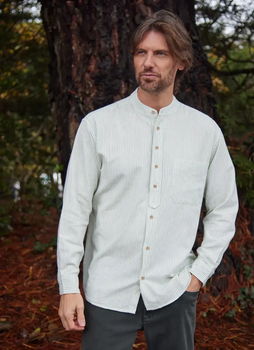 Striped Grandfather Shirt in Green Stripe
